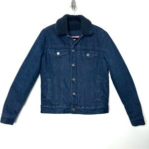 Tommy Hilfiger Denim Sherpa Lined Barn Jacket Dark Wash Utility Cabincore Cozy